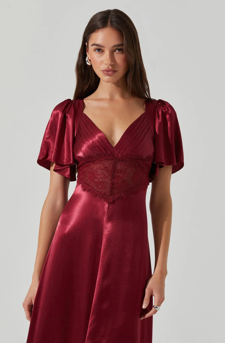 vintage inspired satin midi dress with draped collar Aurelia Satin V-Neck Midi Dress – La Tre Clothing