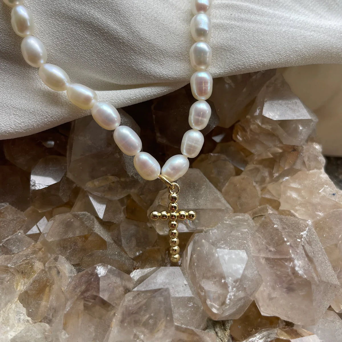 Rice Pearl & Cross Necklace