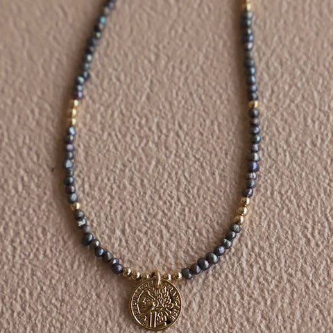 Slate Beaded Coin Necklace